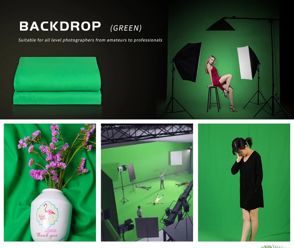 Photography Green Screen Backdrops: Green, White, Black, Blue, Grey Muslin Polyester-Cotton for Professional Photo Studios.