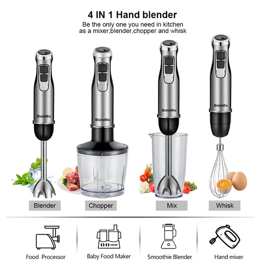 4-in-1 1200W Immersion Blender with Chopper, Smoothie Cup, and Stainless Steel Ice Blades.