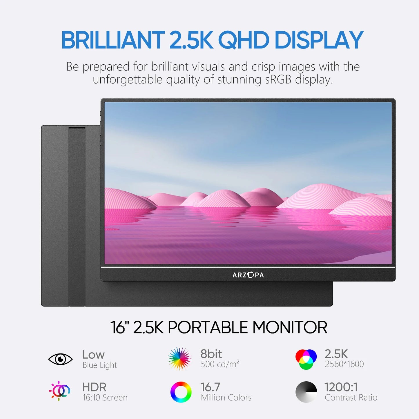 16" 2K Portable Monitor: 16:10 IPS screen compatible with Mac, Laptop, PC, Xbox, PS4/5, Switch