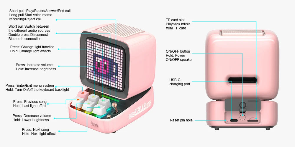 Ditoo-Pro Retro Pixel Art Bluetooth Speaker with Alarm Clock, DIY LED Display.