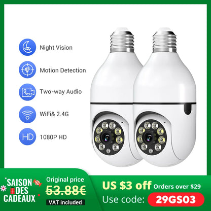 Wireless Security Cameras: 5GHz WiFi, 360° view, E27 light socket, app-controlled.