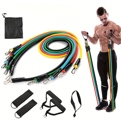 11pcs TPE Resistance Band Set with Door Anchor, Handles, Ankle Straps & Carry Bag for Workouts.