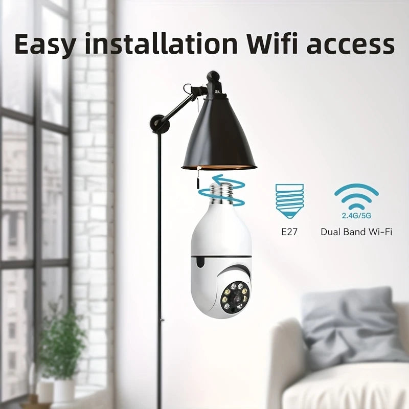 Wireless Security Cameras: 5GHz WiFi, 360° view, E27 light socket, app-controlled.