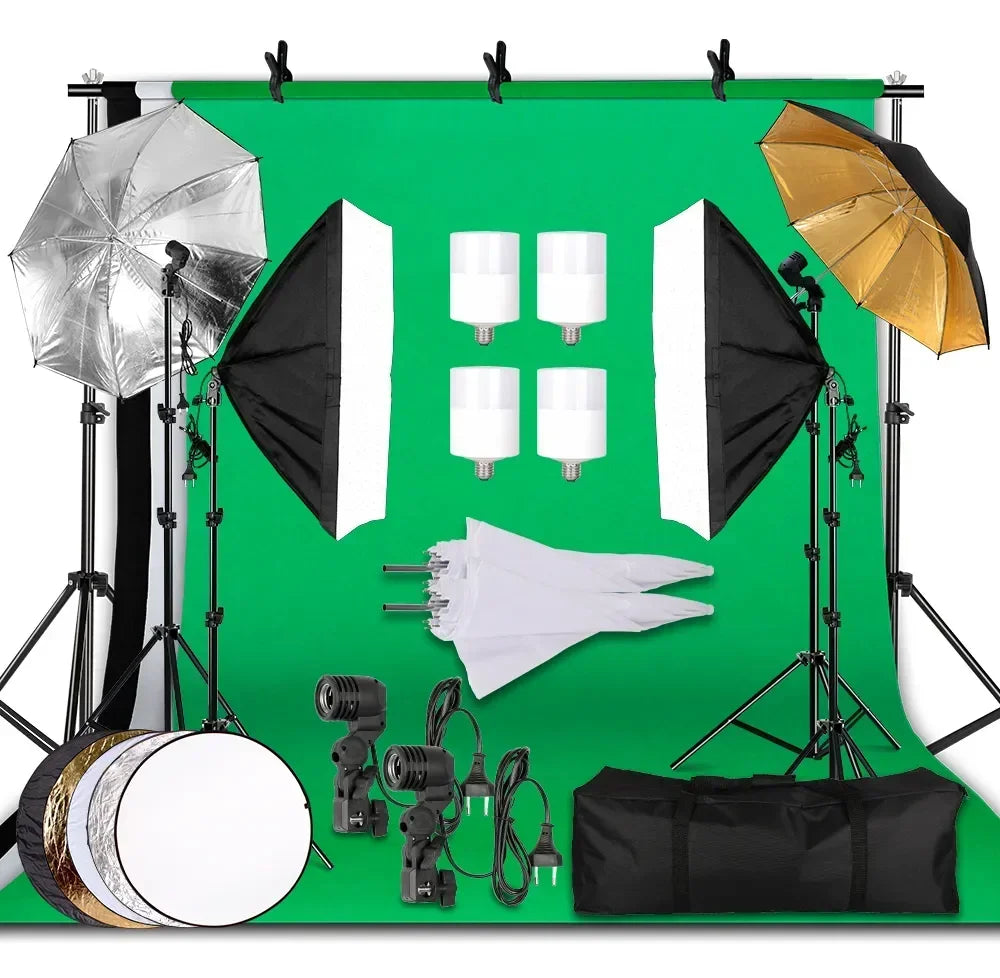 Photography Kit: Background Frame, Soft box Lighting, 3 Backdrops, and Cantilever Tripod Stand.