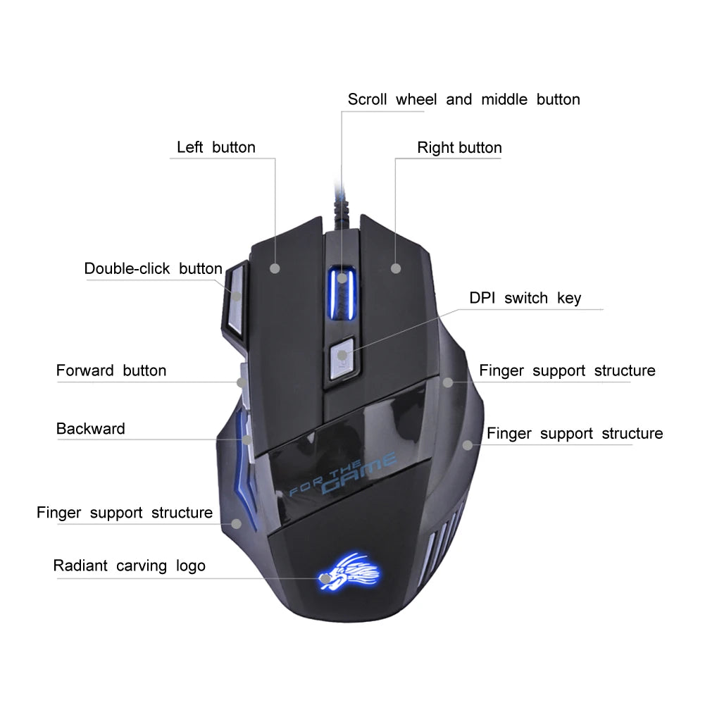 Wired Gaming Mouse, 7-Button, Backlit, 5500 DPI Adjustable, for PC and Desktop Gamers.