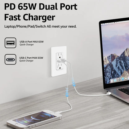 1PC PD3.0 65W USB-C Fast Charger, 15A Type-C Outlet for iPhone & Android.