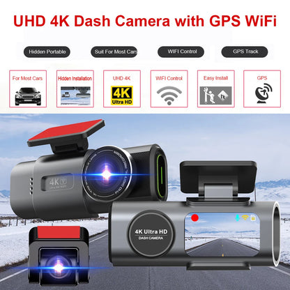 Dual Lens 4K Dash Cam:  1080P rear cam, GPS, WiFi, night vision.