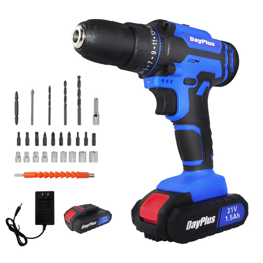 21V Cordless Power Drill with 25+1 Torque Settings, 1.5AH Battery, Fast Charger, and 2-Gear Drill.