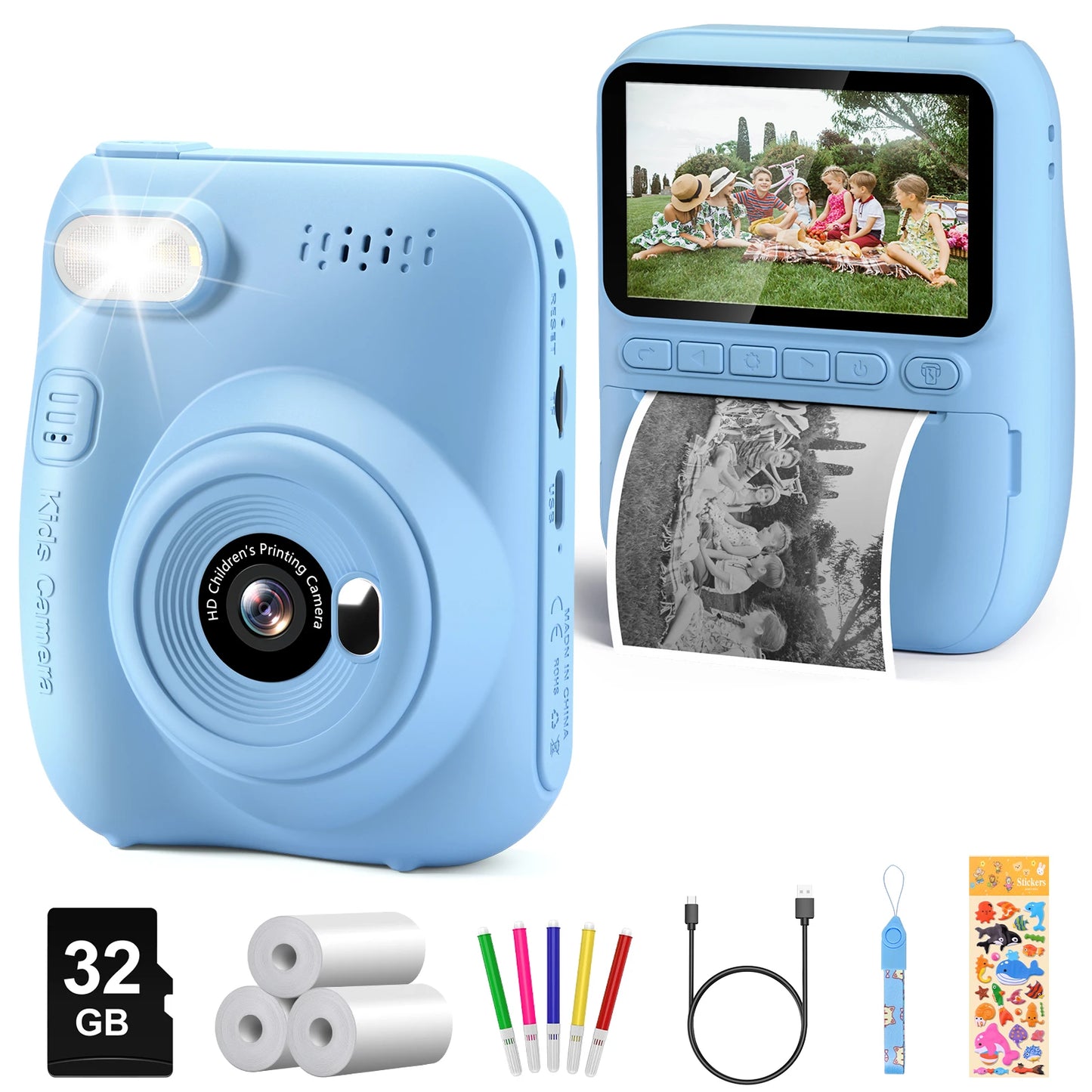 Kids Instant  Camera, 3.0" 32MP HD 1080P with 3 Printer Paper Rolls, Ages 6-12.