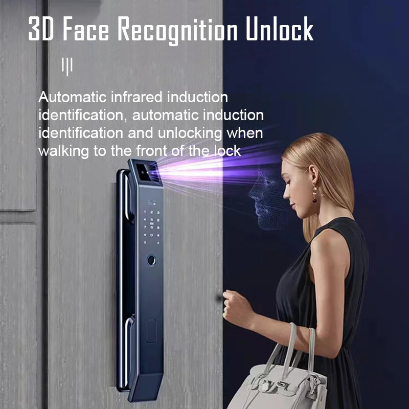 3D Face Recognition Door Lock: Keyless, with camera, fingerprint, and password unlock.