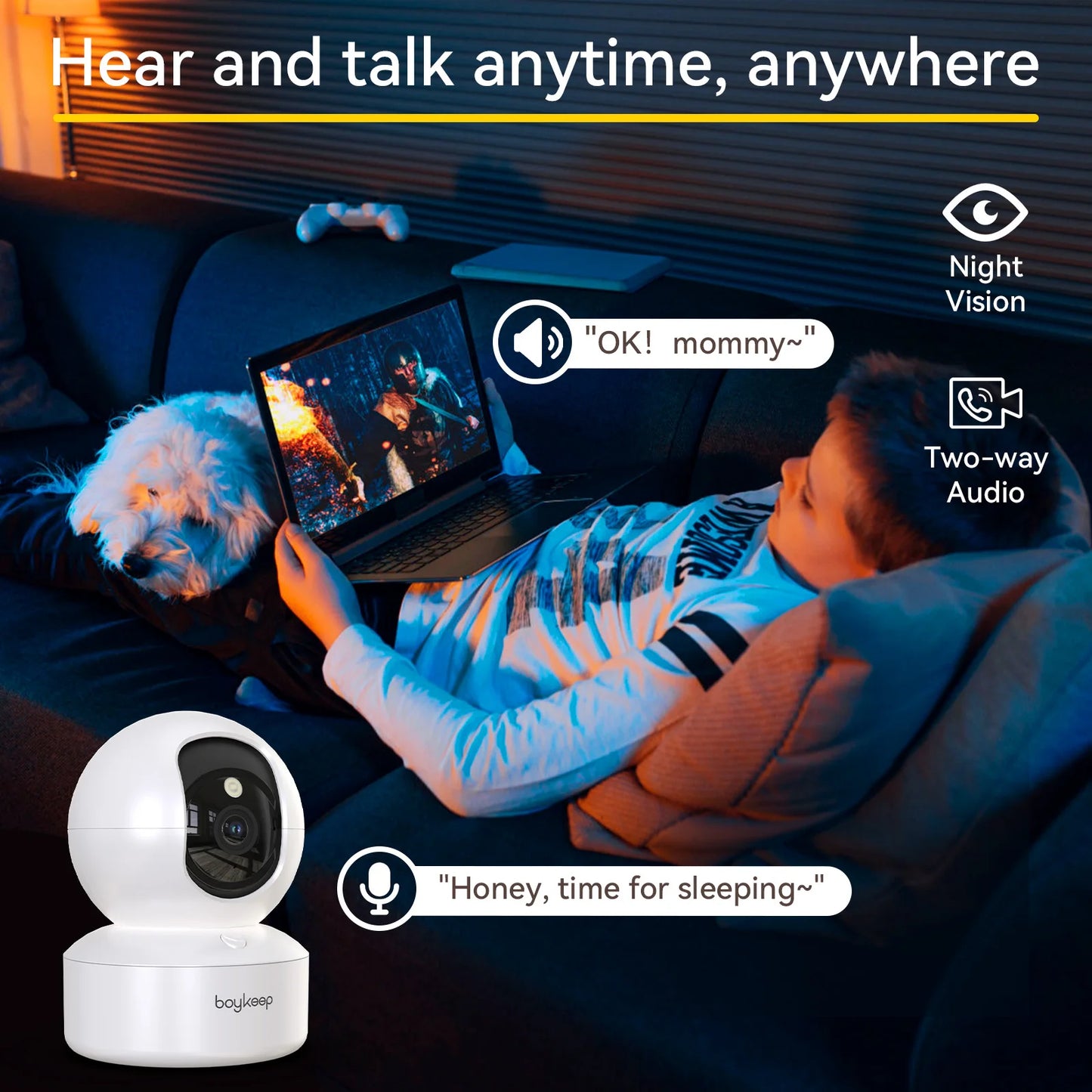 3MP Wi Fi Baby Monitor: 5G/2.4GHz, automatic tracking, 24/7 video surveillance.