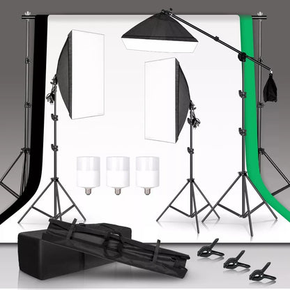 Photography Kit: Background Frame, Soft box Lighting, 3 Backdrops, and Cantilever Tripod Stand.