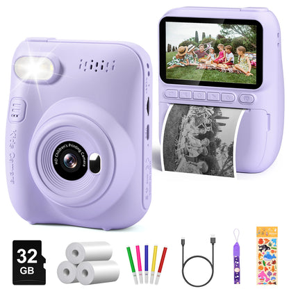 Kids Instant  Camera, 3.0" 32MP HD 1080P with 3 Printer Paper Rolls, Ages 6-12.